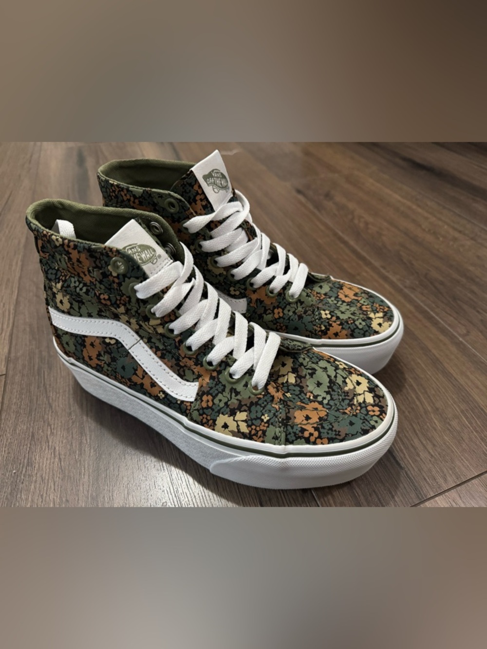 Vans High-Top Floral Camo Sneakers in Olive, Brown, White